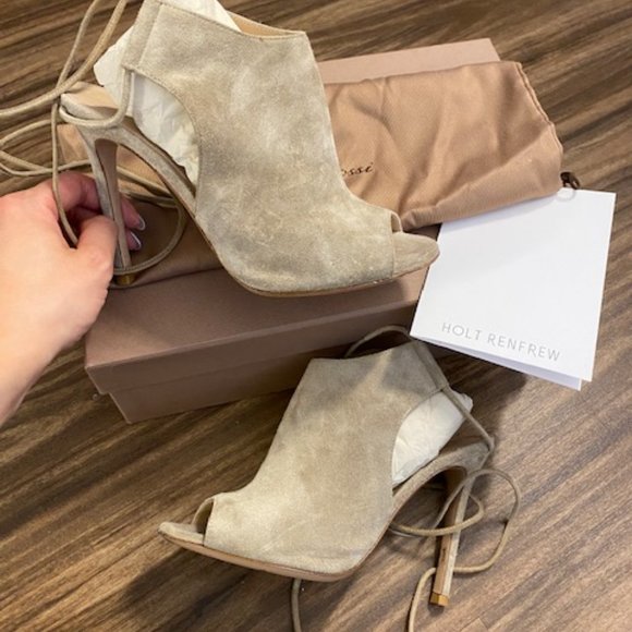 Gianvito Rossi Beige Nude Suede Lace Camoscio Peep Heels Boots Booties SZ 35 5 - Picture 1 of 6